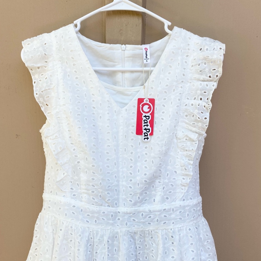 A-Line White Flutter Short Sleeve Eyelet Lace Embroidery Cotton Midi Dress - Picture 2 of 15